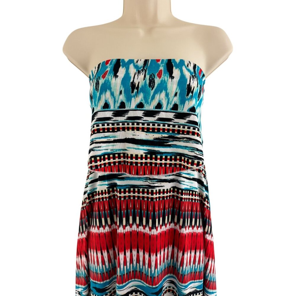 Red Teal Mixed Print Strapless Maxi Dress Size S M Summer Beach Wedding Party - Picture 3 of 9